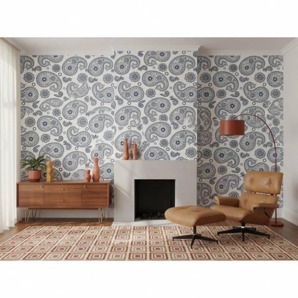 Organic Trail damask wallpaper with black paisley motifs against white background across a dining room feature wall — Wallpaper Online South Africa
