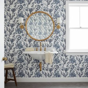 Painted Colosseo damask wallpaper in navy blue and ivory white across a formal powder room — Wallpaper Online South Africa