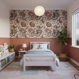 Paisley Pines damask wallpaper with burgundy and brown paisley motifs on cream across a heritage dining room — Wallpaper Online South Africa