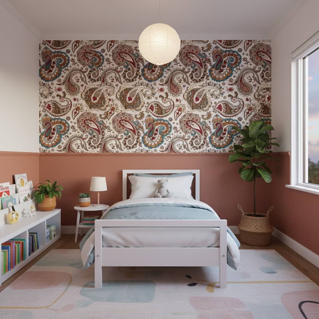 Paisley Pines damask wallpaper with burgundy and brown paisley motifs on cream across a heritage dining room — Wallpaper Online South Africa