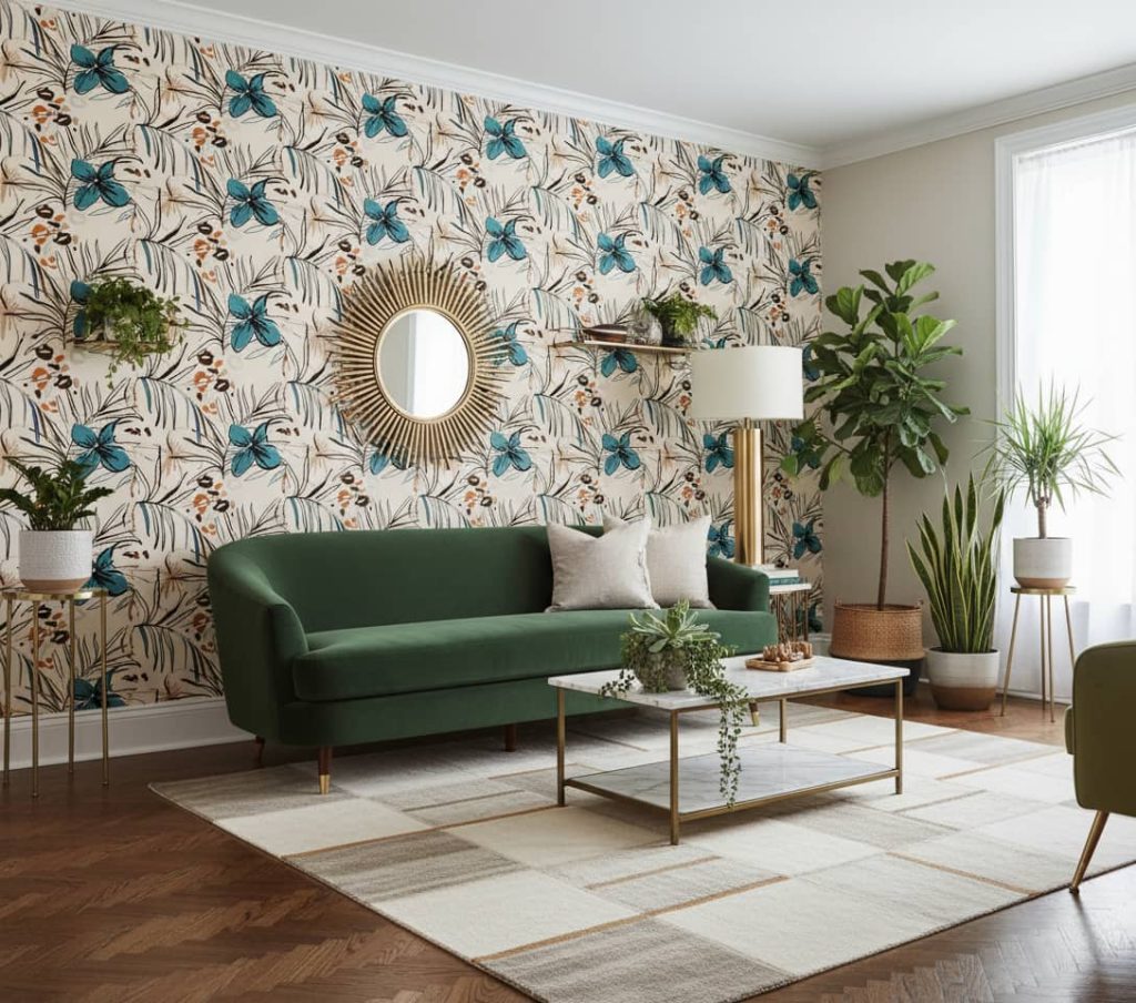 Papavero floral wallpaper with teal blooms and copper stems on cream background across a contemporary living room — Wallpaper Online South Africa