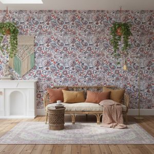 Patria Cake damask wallpaper with ornate red and navy blue florals on cream background across a dining room — Wallpaper Online South Africa