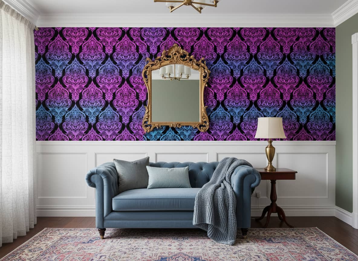 Patterned Auroral Wallpaper 4 Wallpaper and Wall Murals South Africa Patterned Auroral installed - a dramatic Damask & Paisley Wallpapers wallpaper made in South Africa