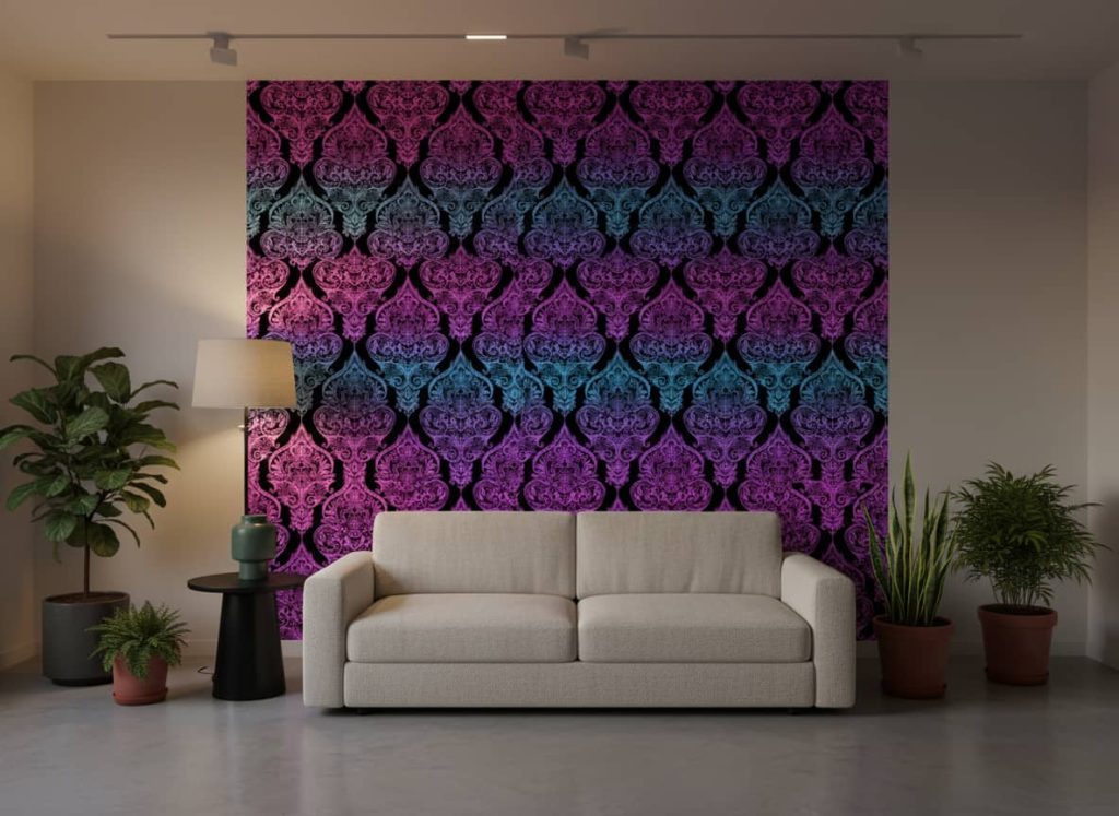 Patterned Auroral damask wallpaper in electric purple, cyan and magenta against black across a contemporary dining room — Wallpaper Online South Africa