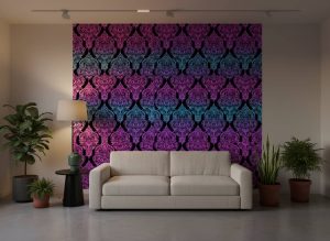 Patterned Auroral damask wallpaper in electric purple, cyan and magenta against black across a contemporary dining room — Wallpaper Online South Africa