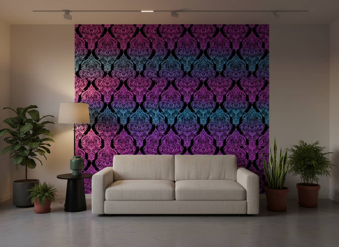 Patterned Auroral Wallpaper 1 Wallpaper and Wall Murals South Africa Patterned Auroral damask wallpaper in electric purple, cyan and magenta against black across a contemporary dining room — Wallpaper Online South Africa