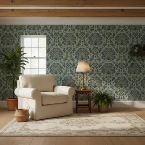 Peacock Meraki damask wallpaper with navy blue peacocks and gold scrollwork on sage green across a dining room — Wallpaper Online South Africa