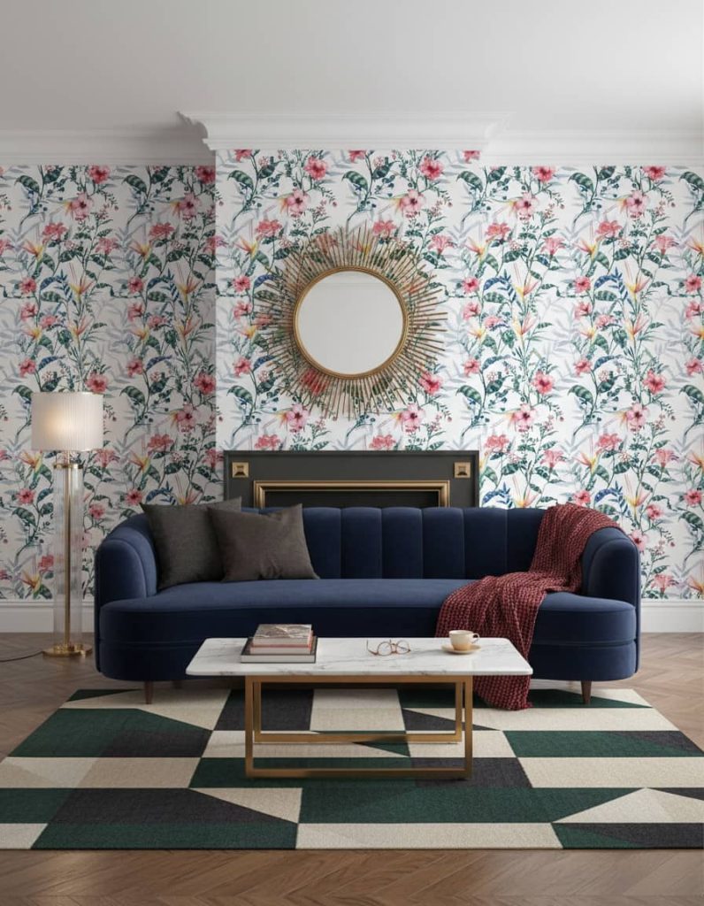 Pendientes floral wallpaper with coral pink and teal watercolour flowers on cream background across a bedroom — Wallpaper Online South Africa