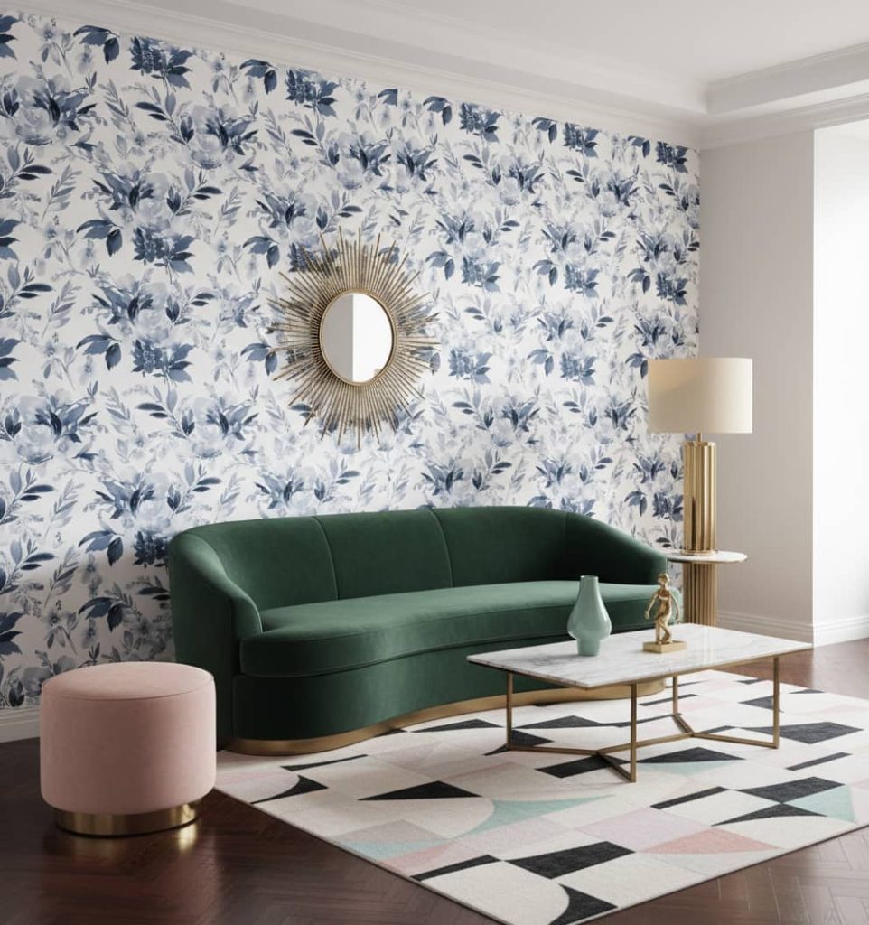 Peristeria Elata orchid wallpaper with watercolour blooms in navy blue and pale blue across a modern bedroom — Wallpaper Online South Africa
