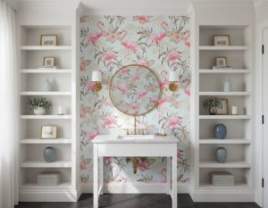 Pink Pirouette flamingo wallpaper with dancing birds in pale pink and sage green across a powder room — Wallpaper Online South Africa