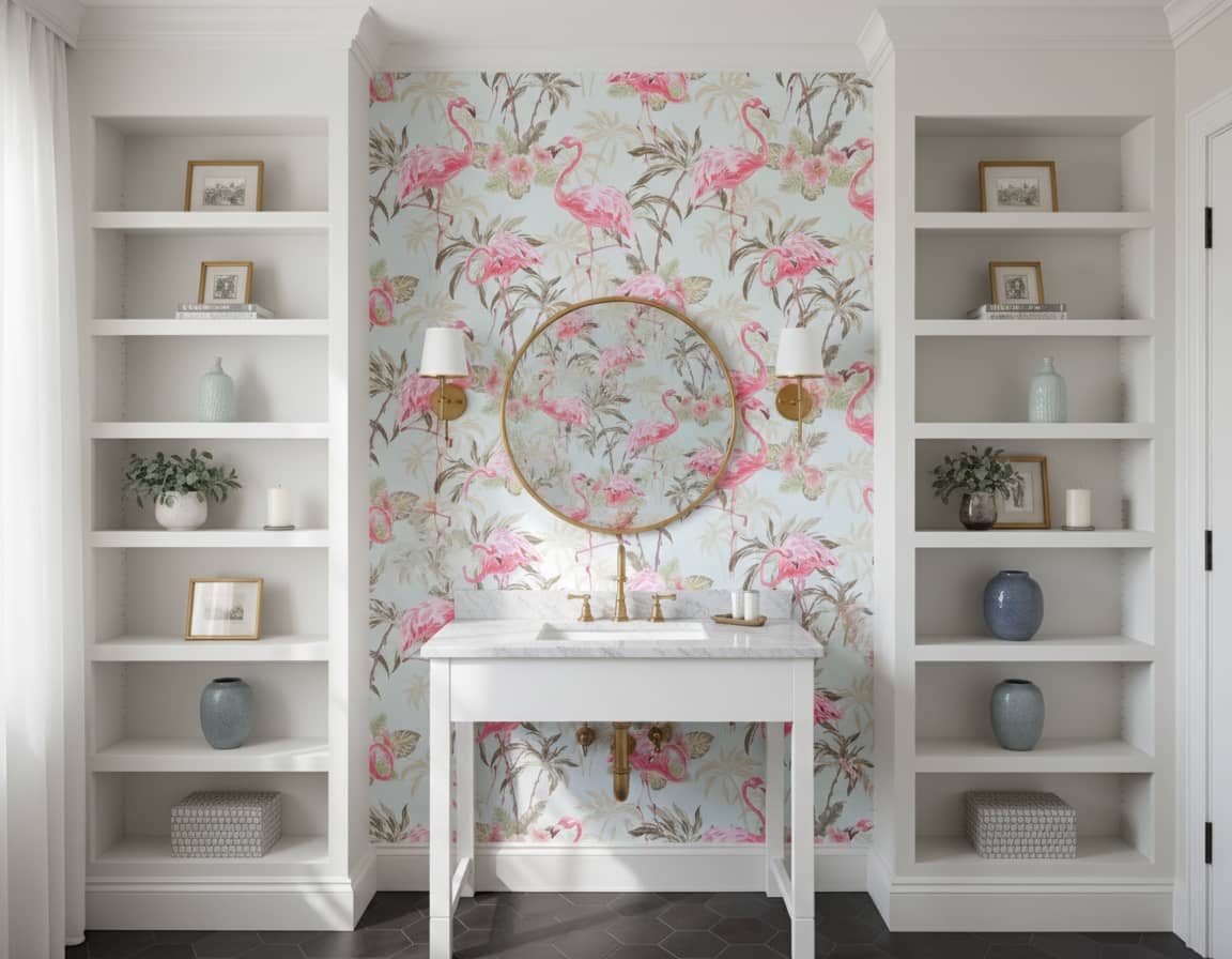 Pink Pirouette Wallpaper 1 Wallpaper and Wall Murals South Africa Pink Pirouette flamingo wallpaper with dancing birds in pale pink and sage green across a powder room — Wallpaper Online South Africa