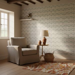 Post Cap damask wallpaper in soft charcoal grey against warm cream across a formal dining room — Wallpaper Online South Africa