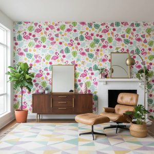 Pretty Parade animal wallpaper with flamingos and tropical fruits in coral pink, teal and yellow across a nursery — Wallpaper Online South Africa