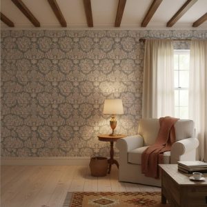 Queens Trial damask wallpaper with cream and white scrollwork on grey across a formal dining room — Wallpaper Online South Africa
