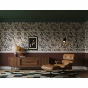 Ren Sita Growth damask wallpaper with blue and beige florals on cream background across a formal dining room — Wallpaper Online South Africa