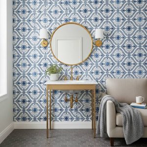 Royal China damask wallpaper in navy blue, sky blue and white geometric patterns across a powder room — Wallpaper Online South Africa