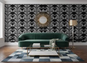 Royalty Show damask wallpaper with ornate white paisley motifs against deep black across a formal dining room — Wallpaper Online South Africa