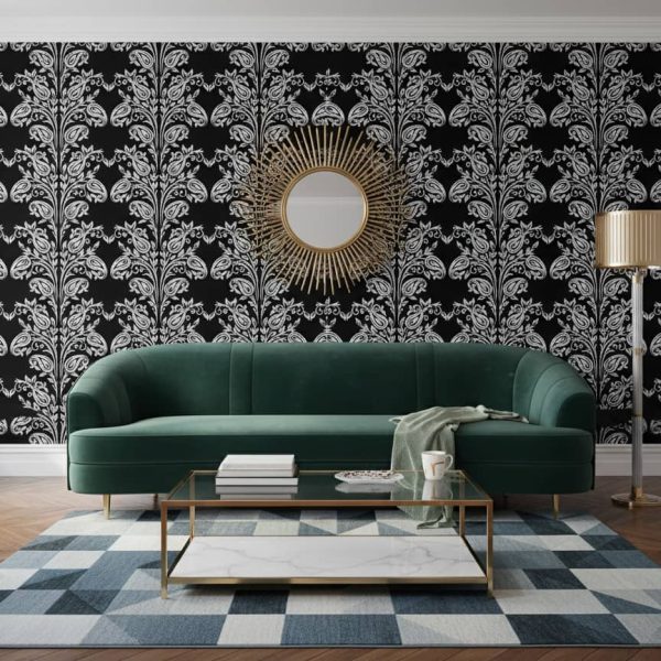 Royalty Show damask wallpaper with ornate white paisley motifs against deep black across a formal dining room — Wallpaper Online South Africa
