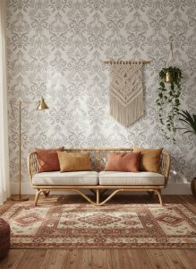 Salvi Roma damask wallpaper in grey baroque pattern on white background across a formal dining room — Wallpaper Online South Africa