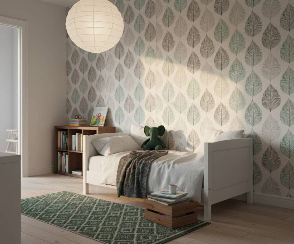 Schrenck Leaf botanical wallpaper with teal and charcoal grey leaves on cream background across a children's nursery — Wallpaper Online South Africa