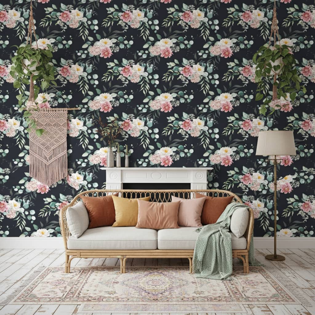 Serendipity Dark Wallpaper 3 Wallpaper and Wall Murals South Africa Close-up of Serendipity Dark, a contemporary floral design printed in South Africa