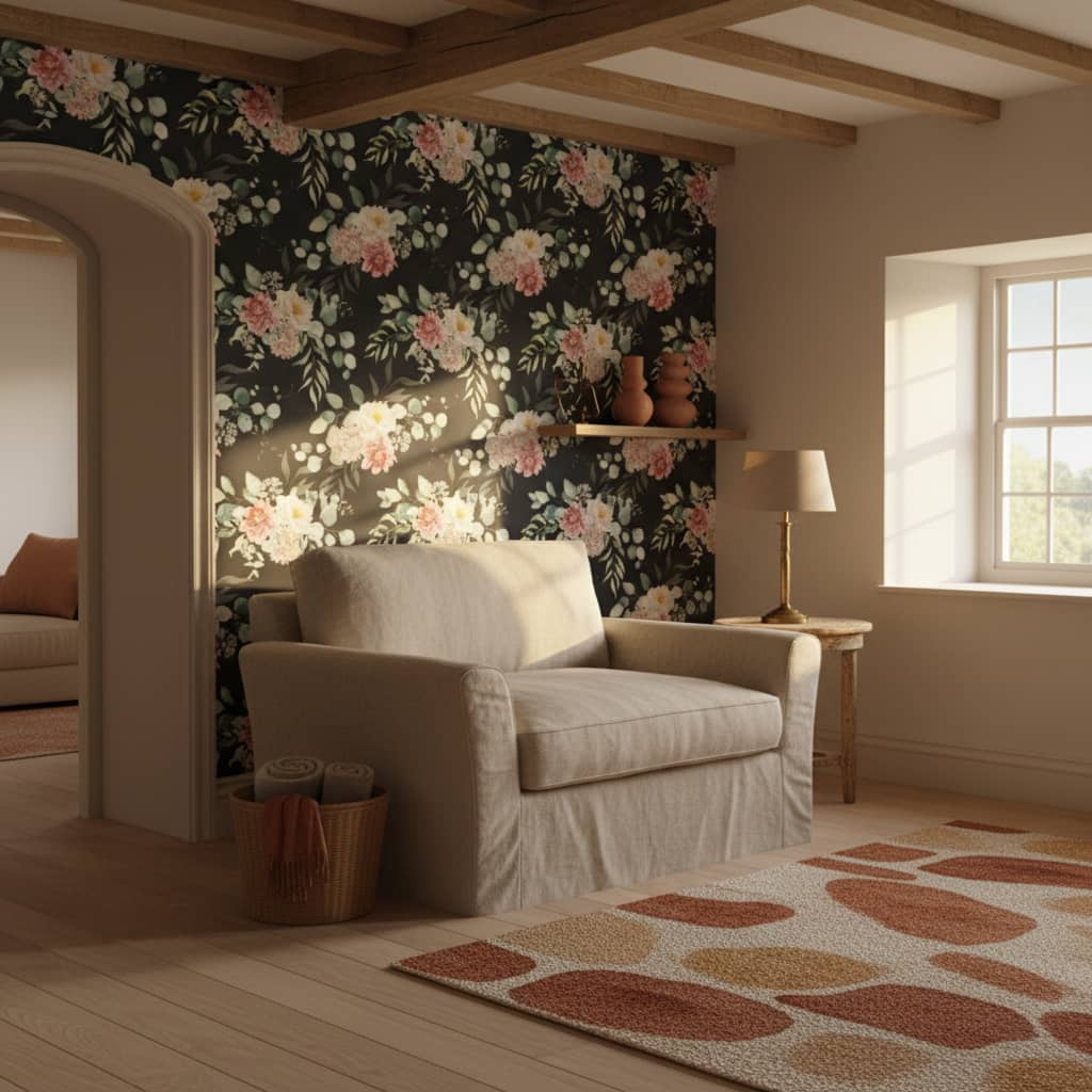 Serendipity Dark Wallpaper 4 Wallpaper and Wall Murals South Africa Serendipity Dark installed - a romantic Floral Wallpaper Made in South Africa | Transform Your Space with Botanical Designs