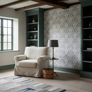 Simé Olasay damask wallpaper with cream fleur-de-lis motifs on grey background across a formal dining room — Wallpaper Online South Africa