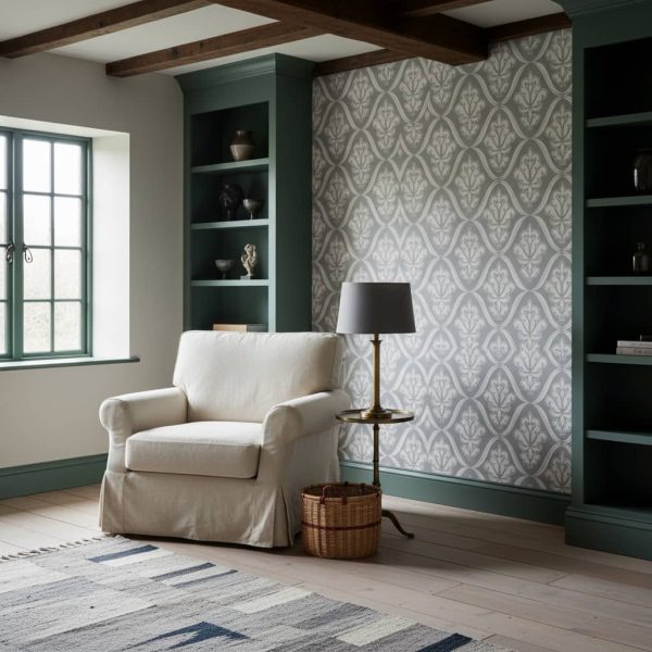 Simé Olasay damask wallpaper with cream fleur-de-lis motifs on grey background across a formal dining room — Wallpaper Online South Africa