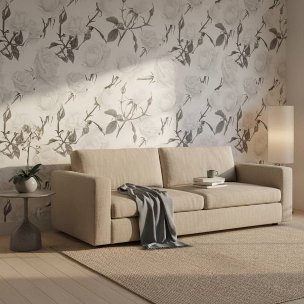 Snow White floral wallpaper with soft grey roses on white background across a contemporary bedroom — Wallpaper Online South Africa