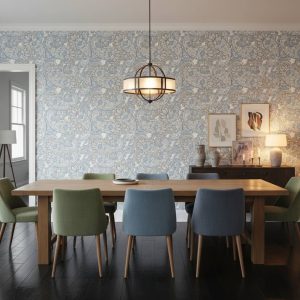 Soft Rhône damask wallpaper with paisley motifs in soft blue and taupe across a dining room — Wallpaper Online South Africa