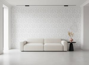 Starling Reels damask wallpaper in soft grey against white across a nursery feature wall — Wallpaper Online South Africa