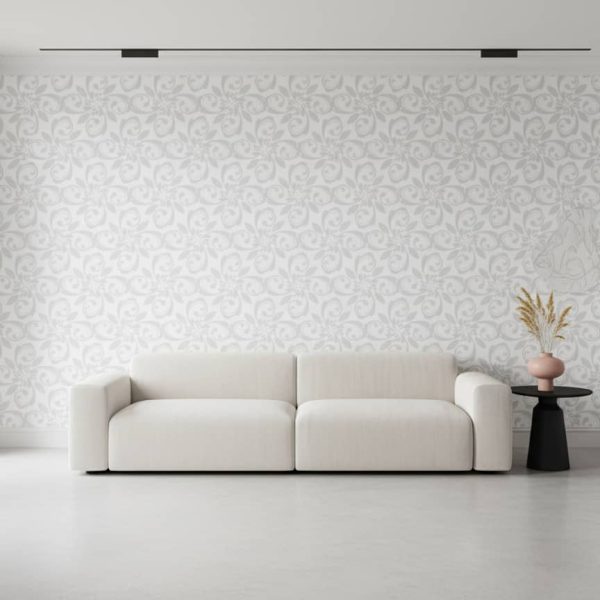 Starling Reels damask wallpaper in soft grey against white across a nursery feature wall — Wallpaper Online South Africa