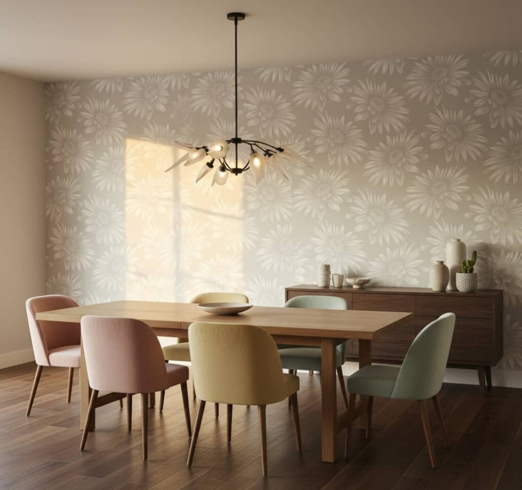 Sunflower Bay floral wallpaper with white line-drawn sunflowers on warm beige across a dining room feature wall — Wallpaper Online South Africa