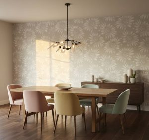 Sunflower Bay floral wallpaper with white line-drawn sunflowers on warm beige across a dining room feature wall — Wallpaper Online South Africa