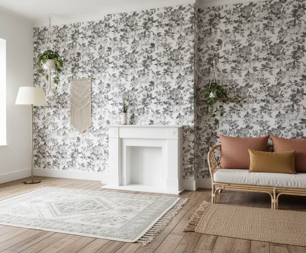 Toned Flor de Izote floral wallpaper with grayscale roses and foliage in black, white and charcoal across a bedroom — Wallpaper Online South Africa