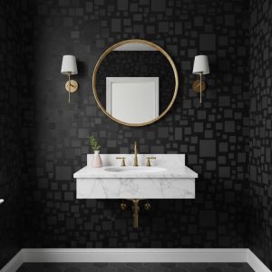 Toned Out Cubes geometric wallpaper with charcoal and dark grey squares against black across a powder room — Wallpaper Online South Africa