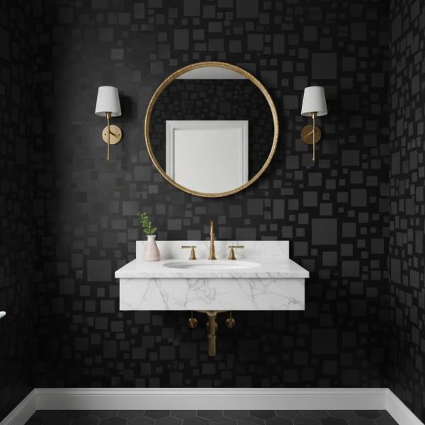 Toned Out Cubes geometric wallpaper with charcoal and dark grey squares against black across a powder room — Wallpaper Online South Africa