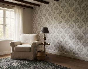 Trevi Vale damask wallpaper in soft grey scrollwork on white background across a formal dining room — Wallpaper Online South Africa