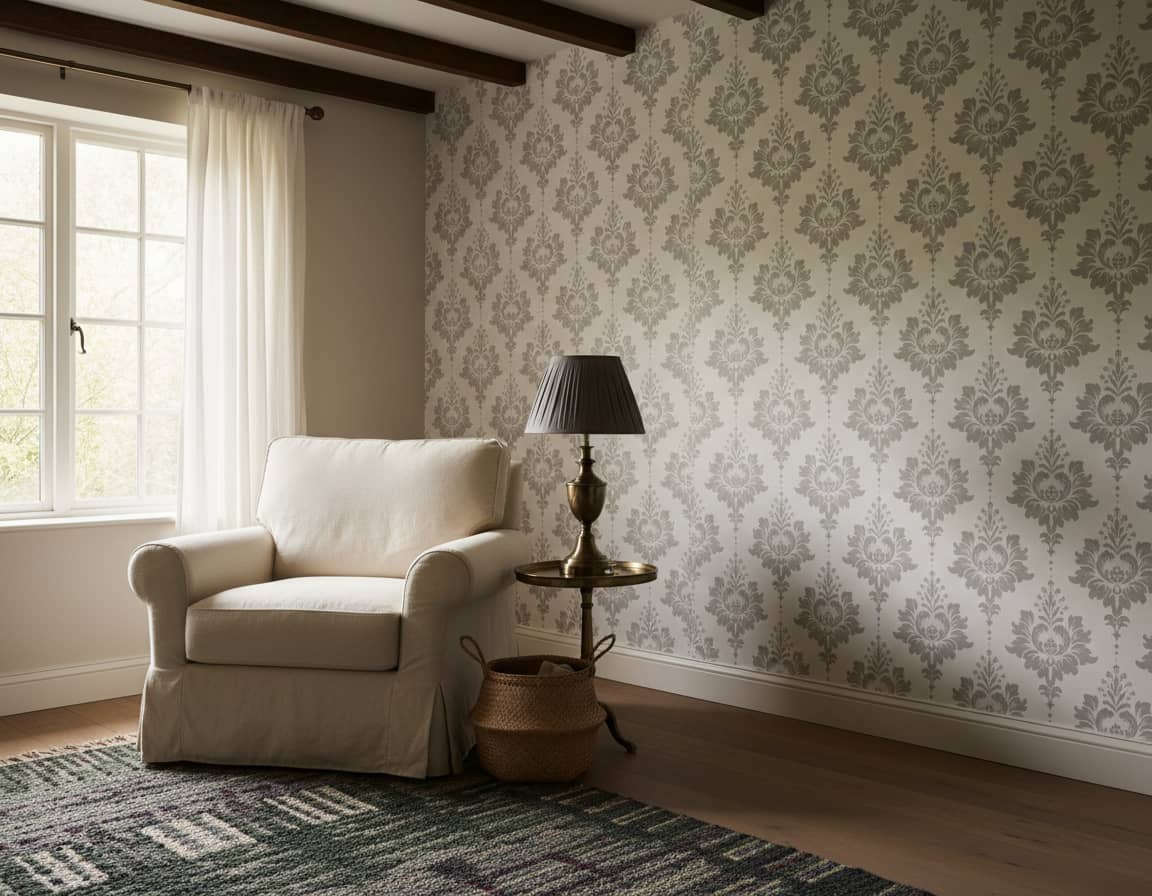 Trevi Vale Wallpaper 1 Wallpaper and Wall Murals South Africa Trevi Vale damask wallpaper in soft grey scrollwork on white background across a formal dining room — Wallpaper Online South Africa
