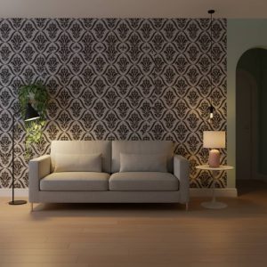 Uline Olasay damask wallpaper with black fleur-de-lis motifs on soft grey background across a formal dining room — Wallpaper Online South Africa
