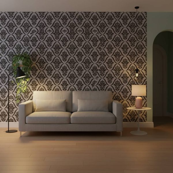Uline Olasay damask wallpaper with black fleur-de-lis motifs on soft grey background across a formal dining room — Wallpaper Online South Africa
