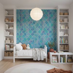 Vittorio Gold damask wallpaper with Moroccan quatrefoil pattern in gold and teal across a children's room — Wallpaper Online South Africa
