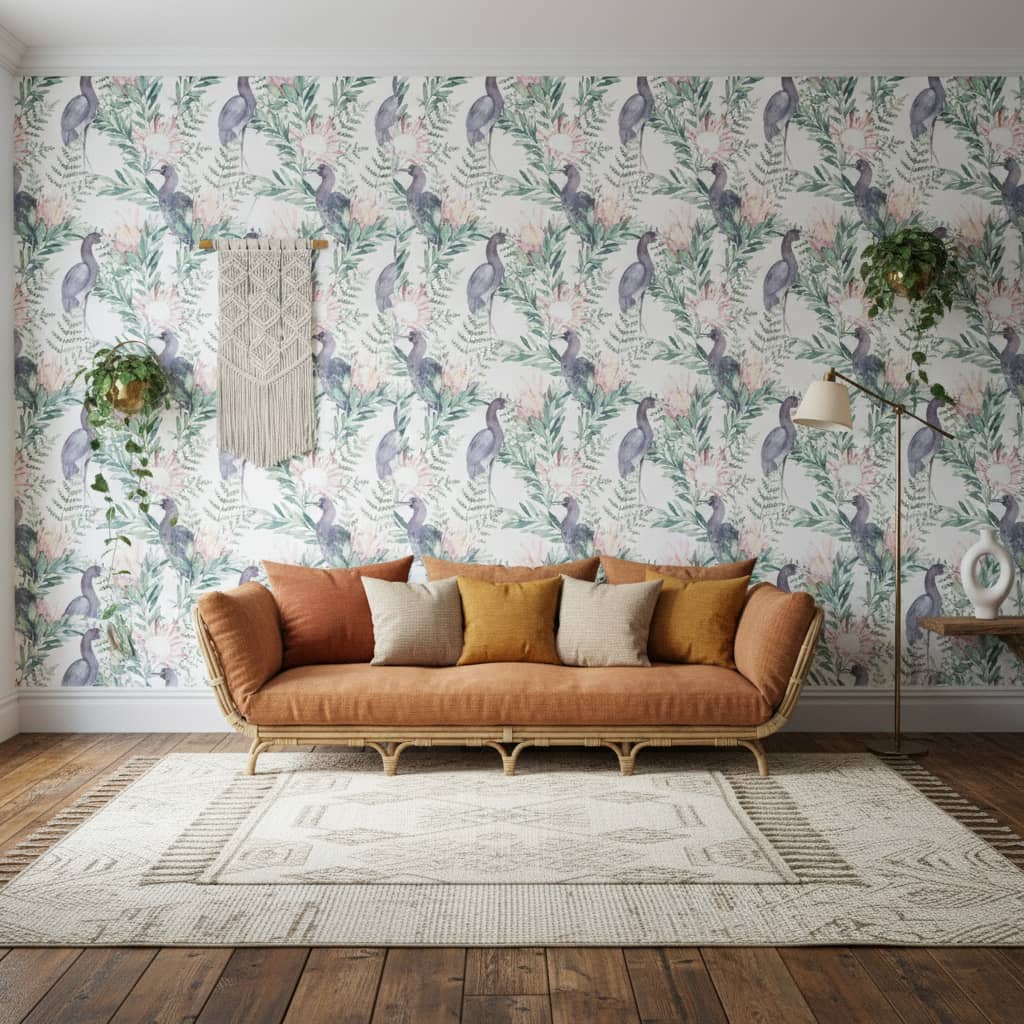 Watercolour Protea Pecker Wallpaper 2 Wallpaper and Wall Murals South Africa Watercolour Protea Pecker - South-African-made peel and stick wallpaper for bedroom and nursery walls
