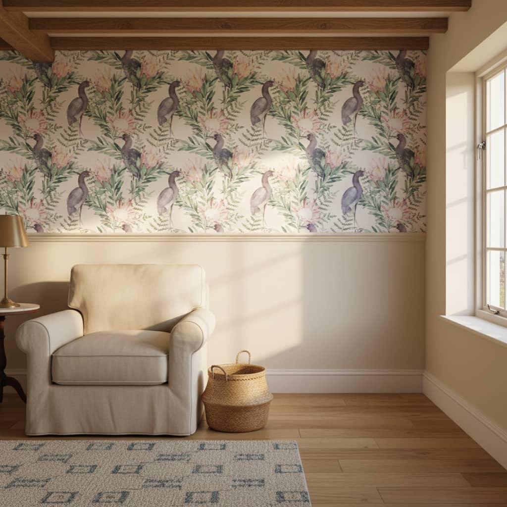 Watercolour Protea Pecker Wallpaper 1 Wallpaper and Wall Murals South Africa Watercolour Protea Pecker wallpaper with herons and protea flowers in purple, green and pink across a nursery — Wallpaper Online South Africa