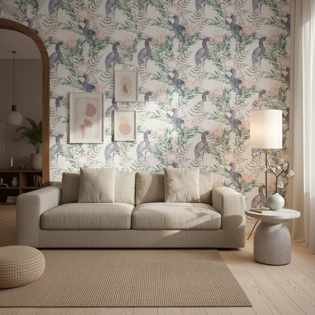 Watercolour Protea Pecker Wallpaper 3 Wallpaper and Wall Murals South Africa Close-up of Watercolour Protea Pecker, a contemporary botanical design printed in South Africa