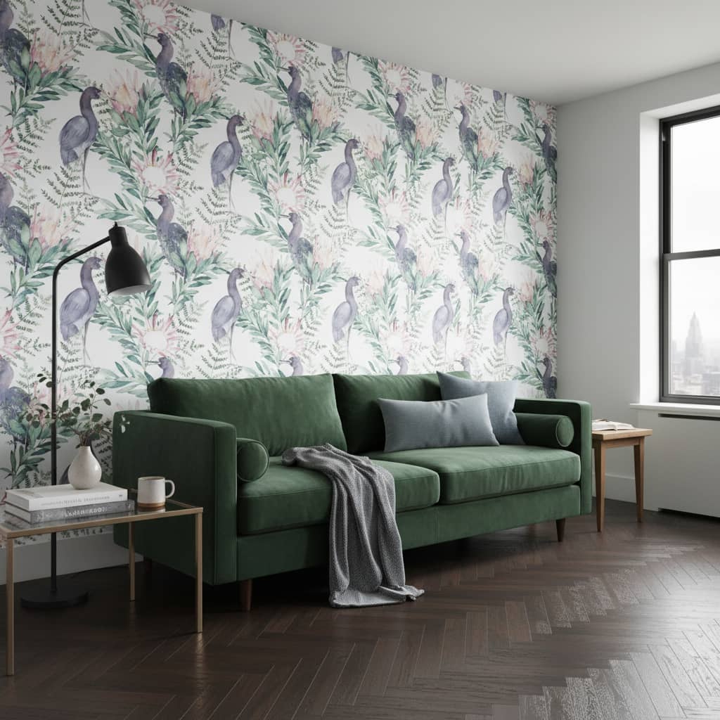 Watercolour Protea Pecker Wallpaper 4 Wallpaper and Wall Murals South Africa Watercolour Protea Pecker installed - a calming Animal Wallpapers wallpaper made in South Africa