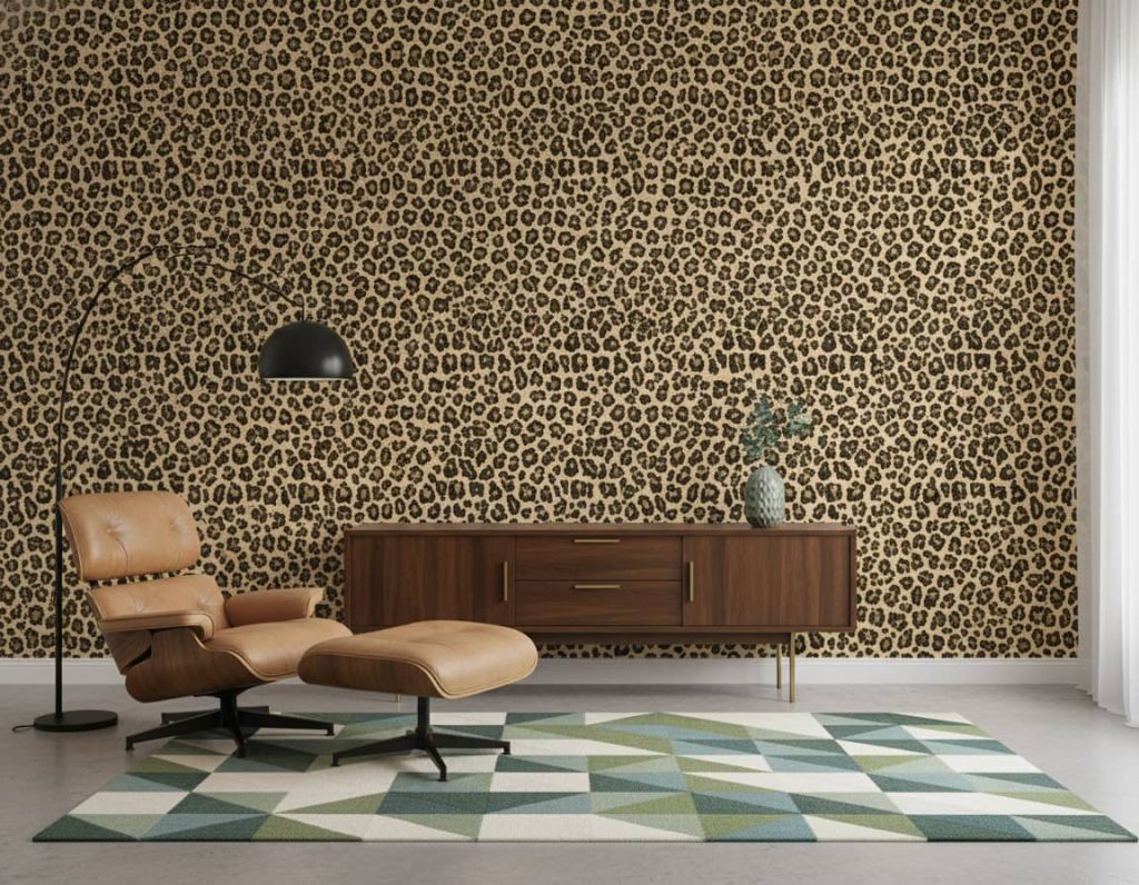 Wild Rosettes animal print wallpaper with black rosettes on cream background across a powder room — Wallpaper Online South Africa