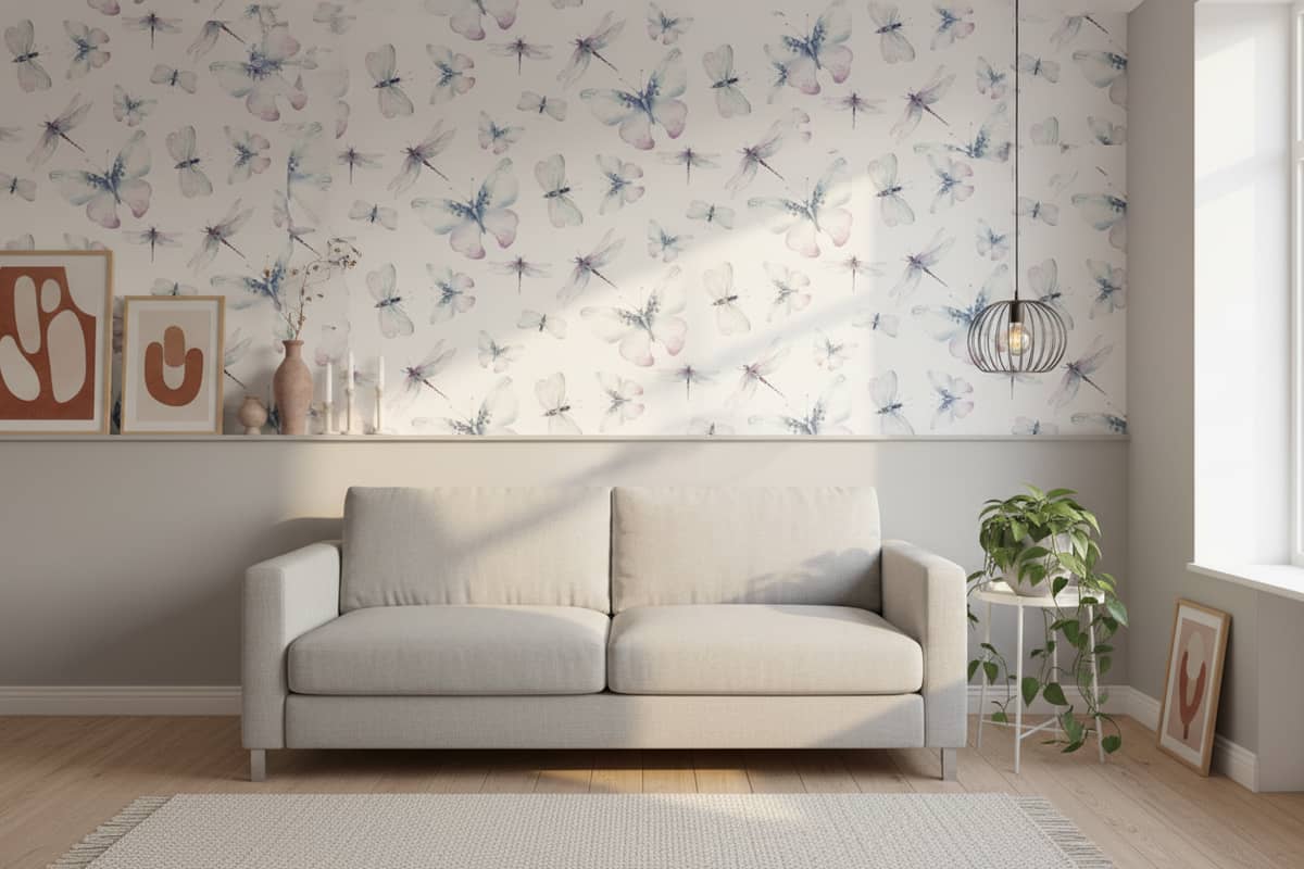 Wings in Watercolour Wallpaper 1 Wallpaper and Wall Murals South Africa Wings in Watercolour butterfly wallpaper with soft blue, purple and pink butterflies on white background across a nursery — Wallpaper Online South Africa