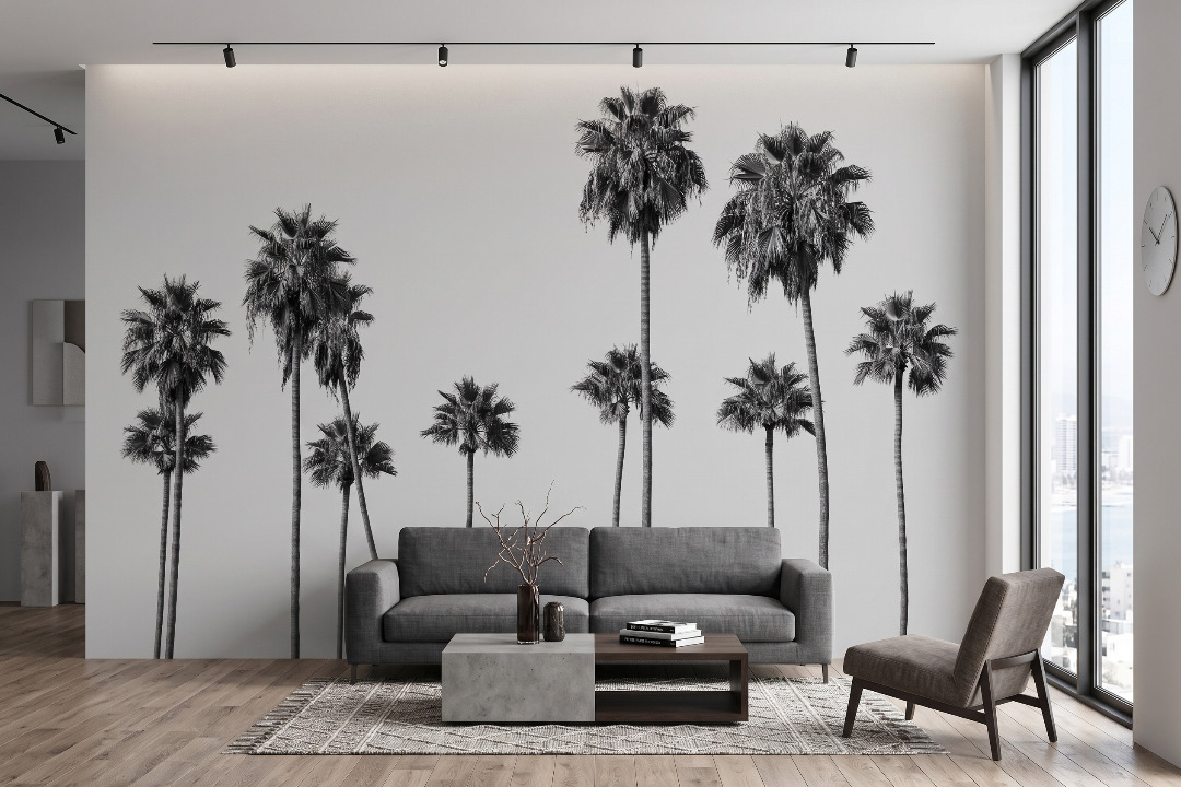 Monochrome Palm Horizon Mural 2 Wallpaper and Wall Murals South Africa Contemporary palm tree mural in grayscale tones with airy spacing and elegant tropical silhouettes on a light background