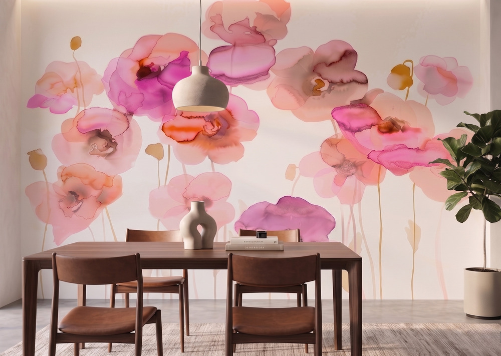 Blush Bloom Watercolour Mural 1 Wallpaper and Wall Murals South Africa A zoomed-in of layered pink and coral watercolour flowers with delicate translucent petals.